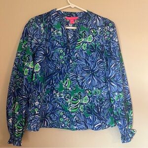Lilly Pulitzer Coulter Blouse Blue and Green Floral - Size XXS 100% Cotton